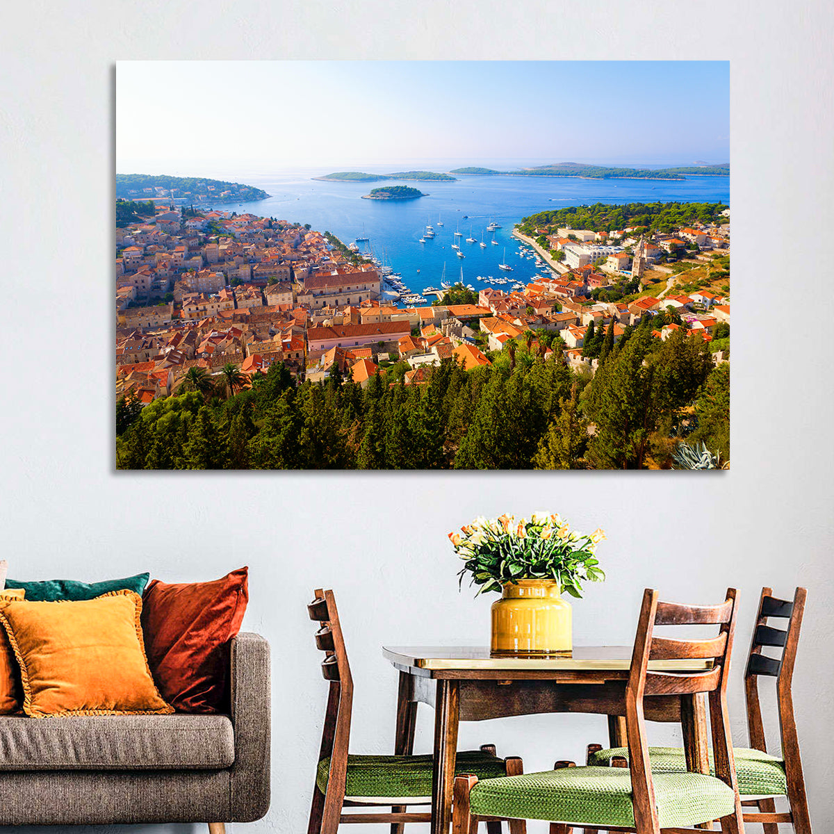 Hvar Harbor Aerial View Wall Art in a room, landscape