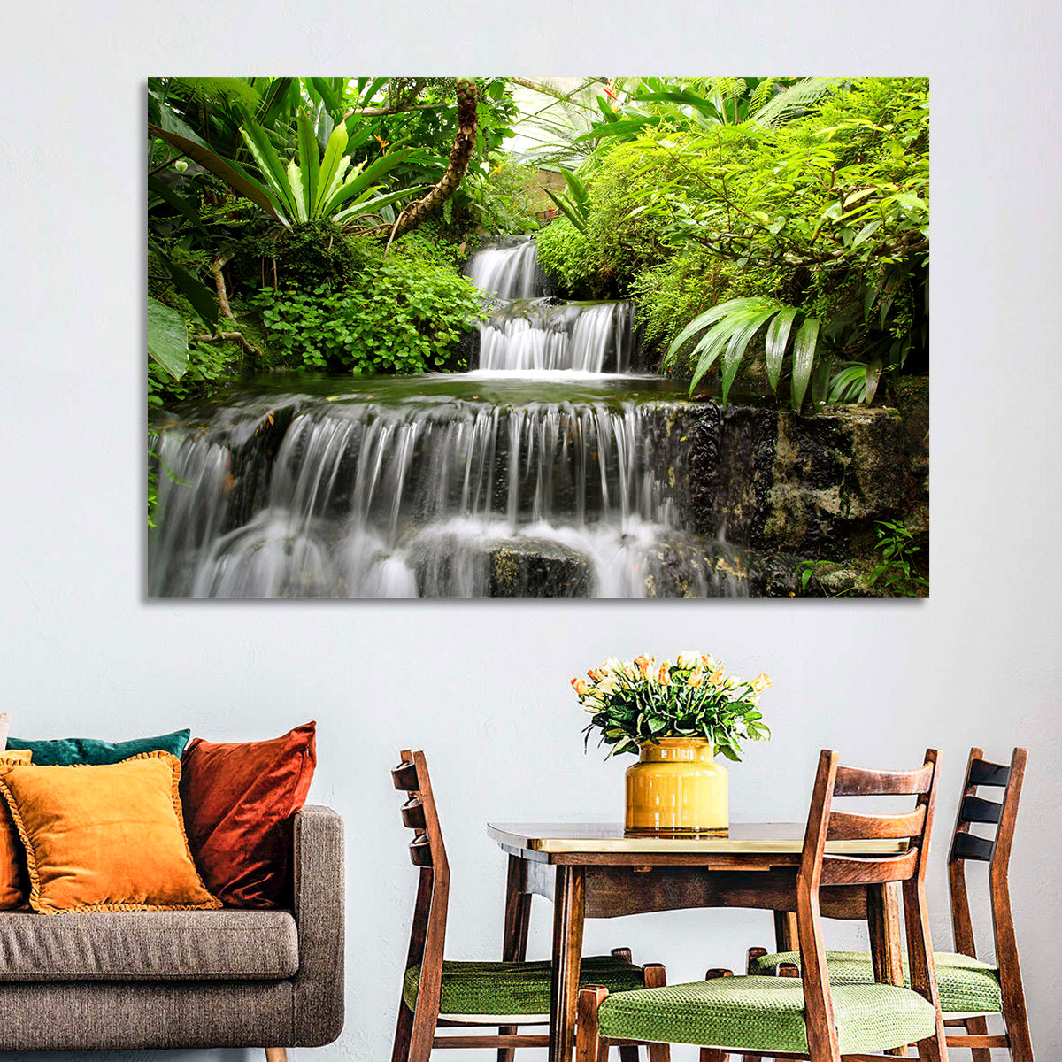Lush Rainforest Cascade Wall Art in a room, landscape