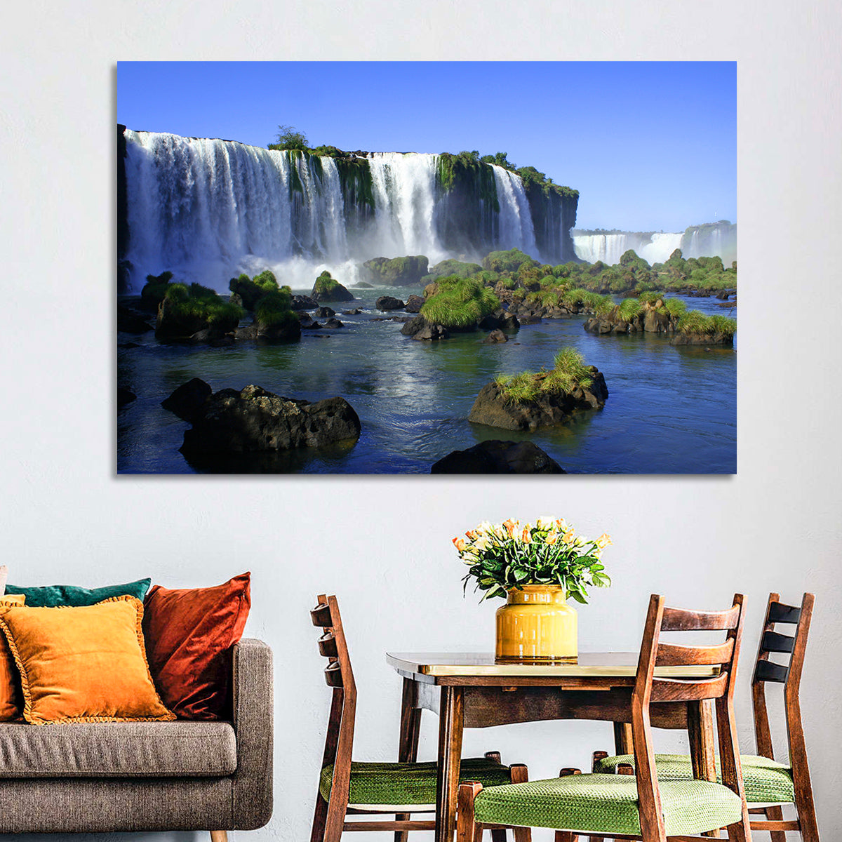 Iguazu Falls Mossy Rocks Wall Art in a room, landscape