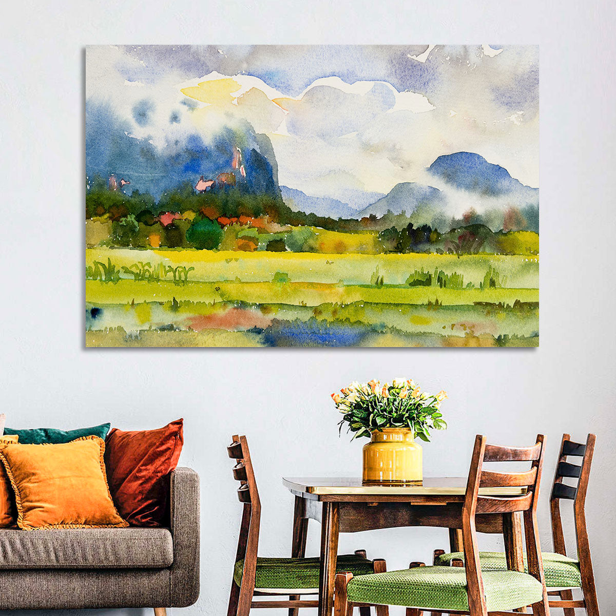 Summer Meadow Watercolor Landscape Wall Art in a room, landscape