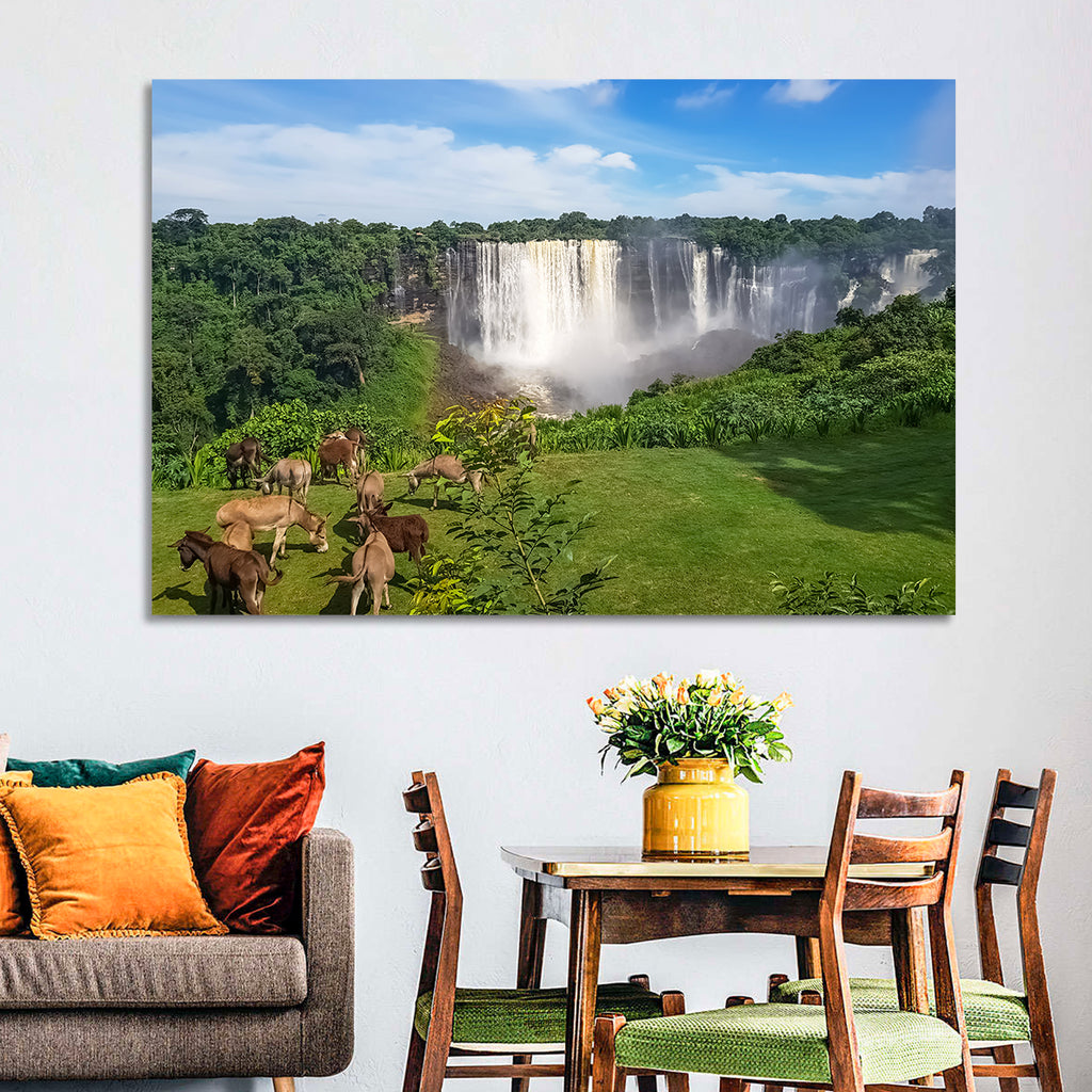 Kalandula Falls and Grazing Donkeys Wall Art