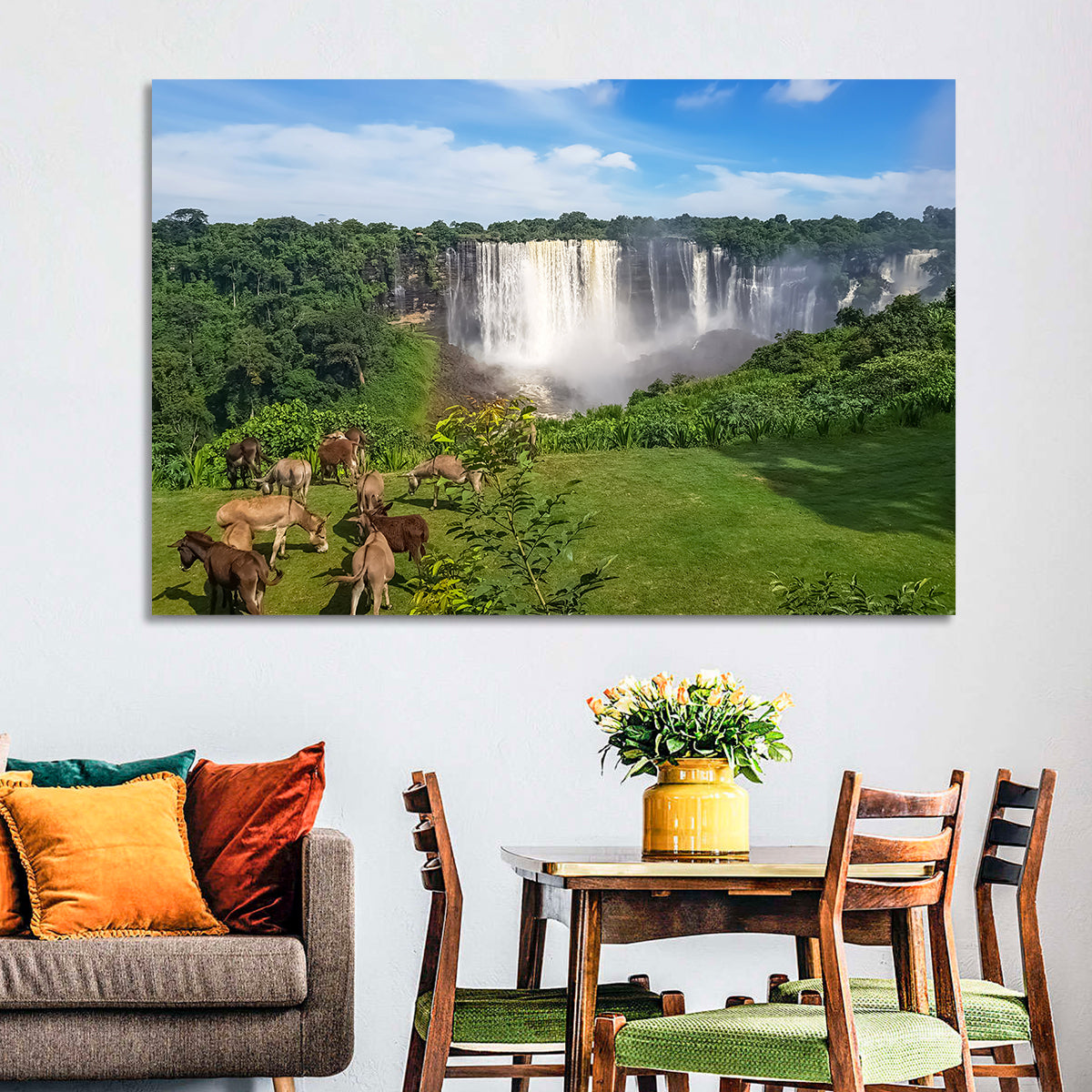 Kalandula Falls and Grazing Donkeys Wall Art in a room, landscape