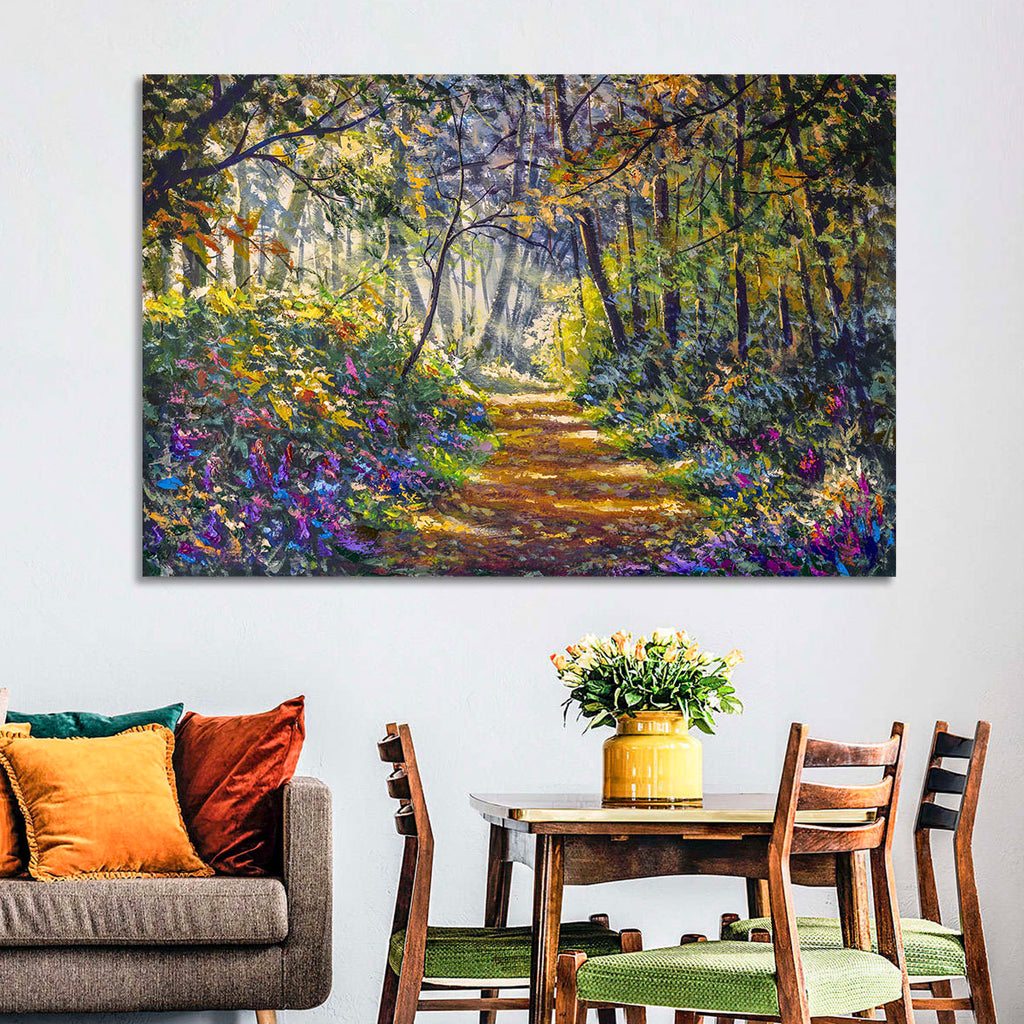 Sunlit Forest Path with Wildflowers Wall Art