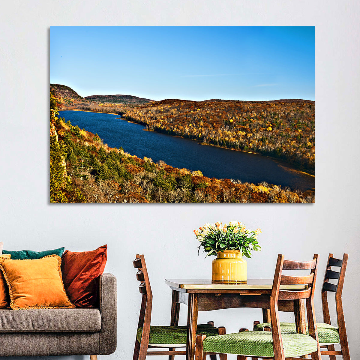 Lake of the Clouds Golden Hour Wall Art in a room, landscape