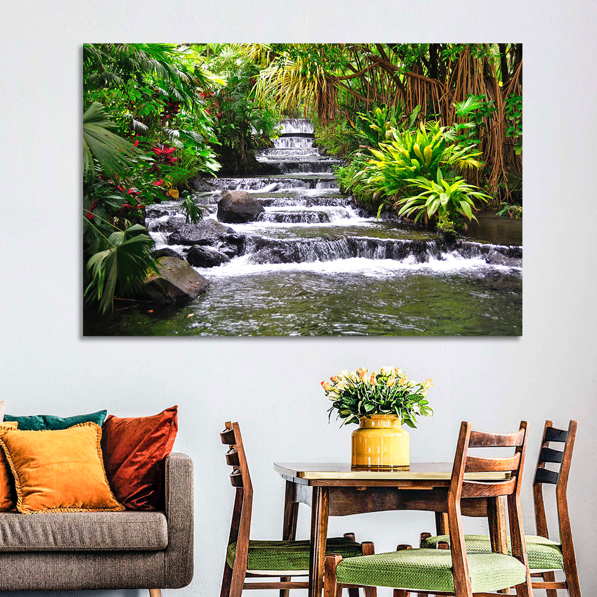 Tabacon Tiered Hot Springs Waterfall Wall Art in a room, landscape