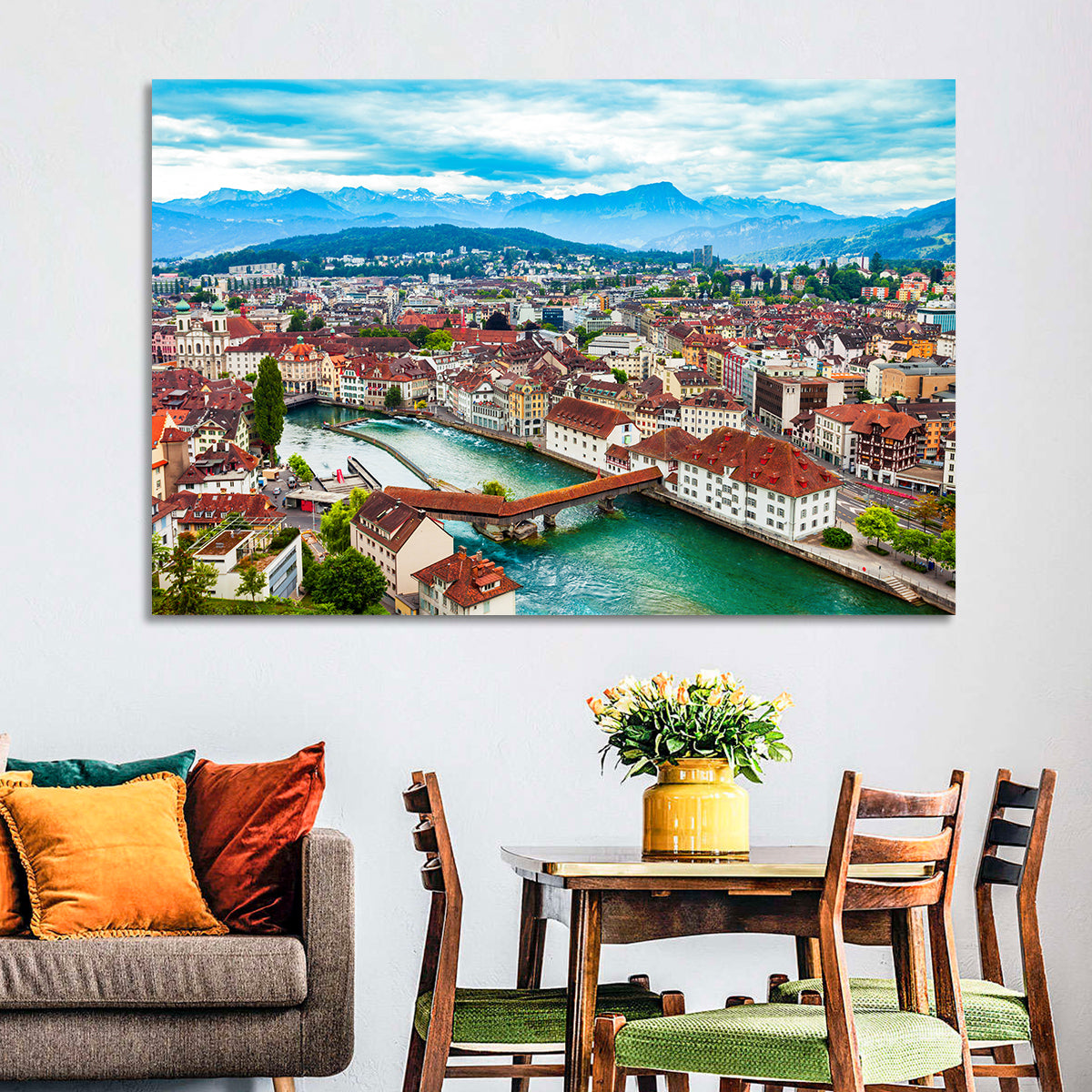 Lucerne Chapel Bridge View Wall Art in a room, landscape