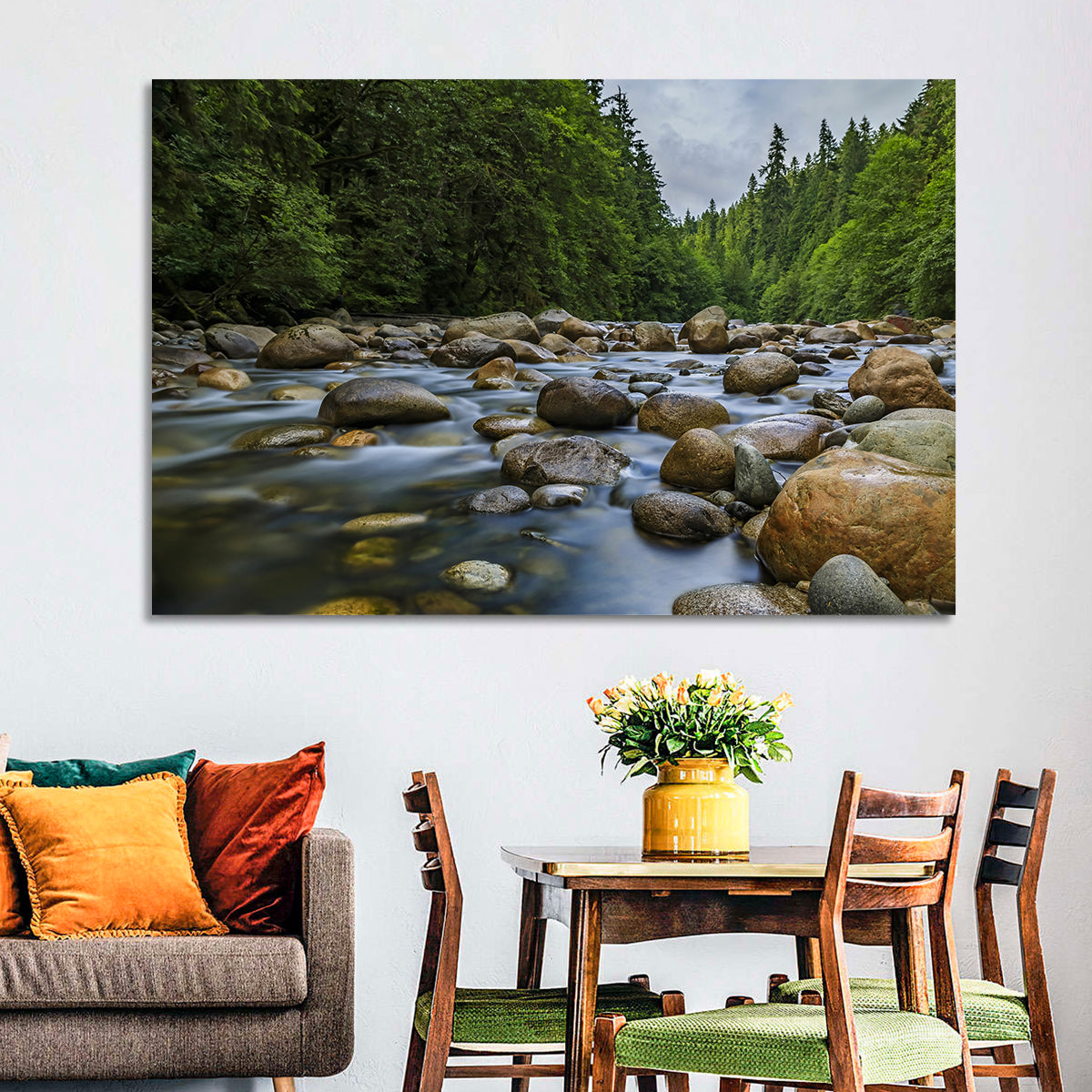 Lynn Canyon Riverbed Forest Wall Art in a room, landscape