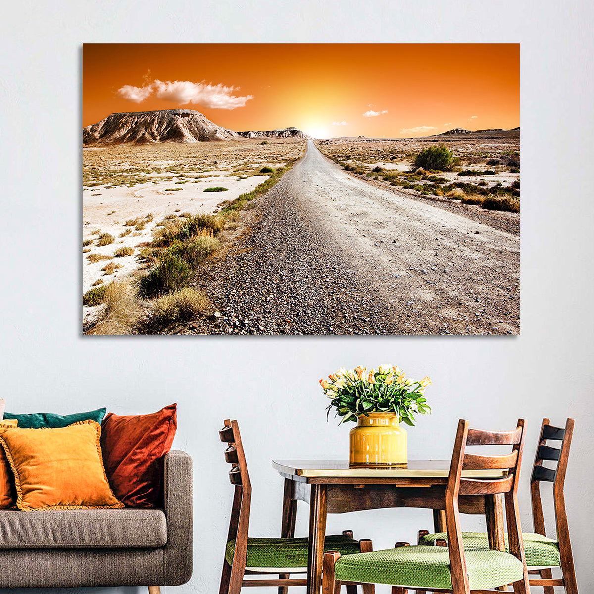 Infinite Desert Road Wall Art in a room, landscape