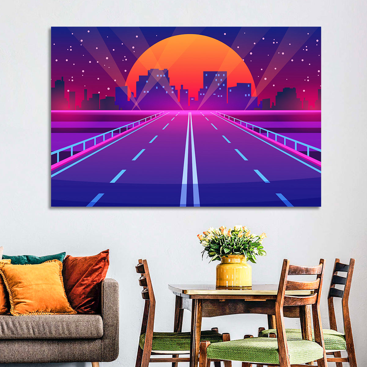 Dusk Highway Cityscape Wall Art in a room, landscape
