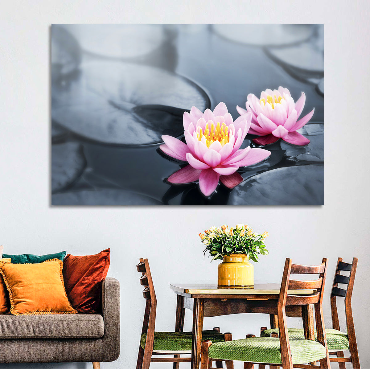 Pink Water Lilies Wall Art in a room, landscape