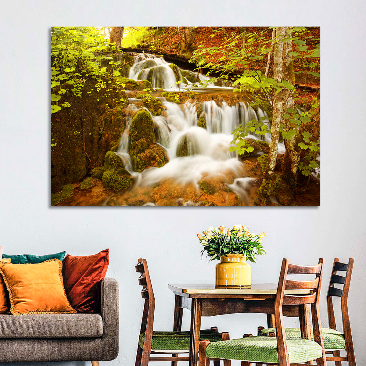 Plitvice Autumn Stream Wall Art in a room, landscape