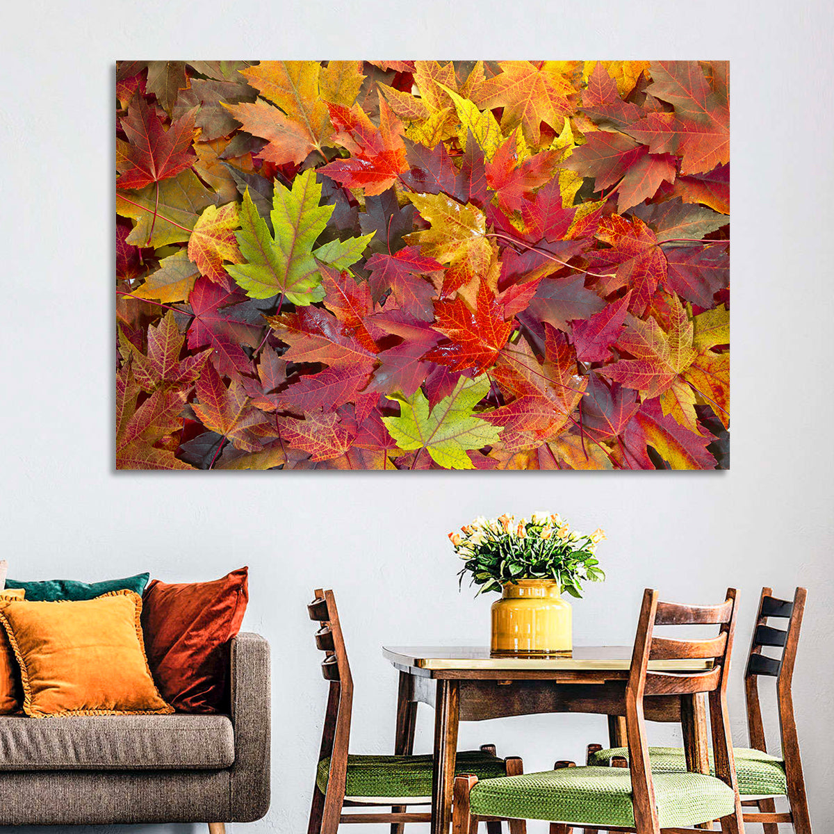Autumn Maple Leaves Close-up Wall Art in a room, landscape
