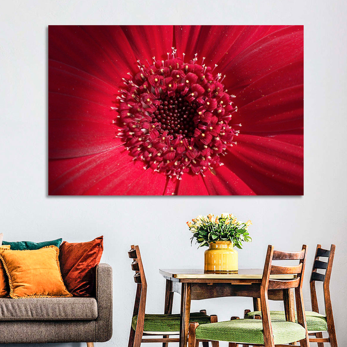 Red Gerbera Daisy Macro Close Up Wall Art in a room, landscape
