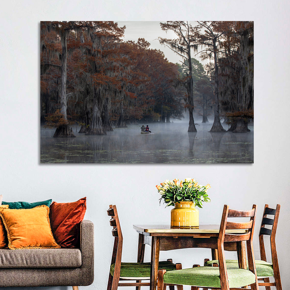 Caddo Lake Morning Mist Wall Art in a room, landscape