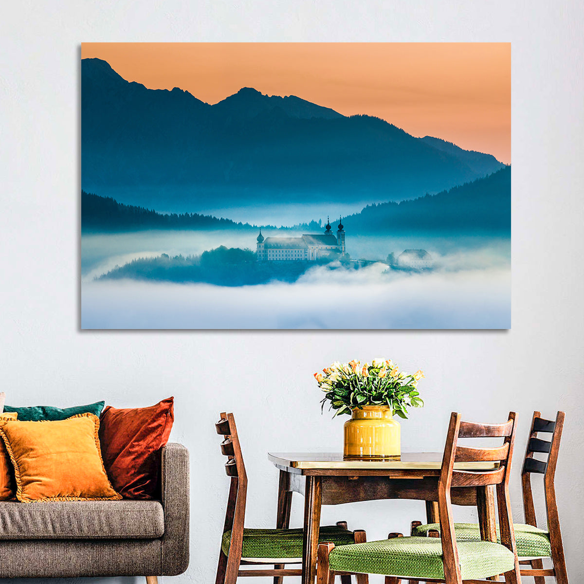 Benediktbeuern Abbey in Morning Fog Wall Art in a room, landscape