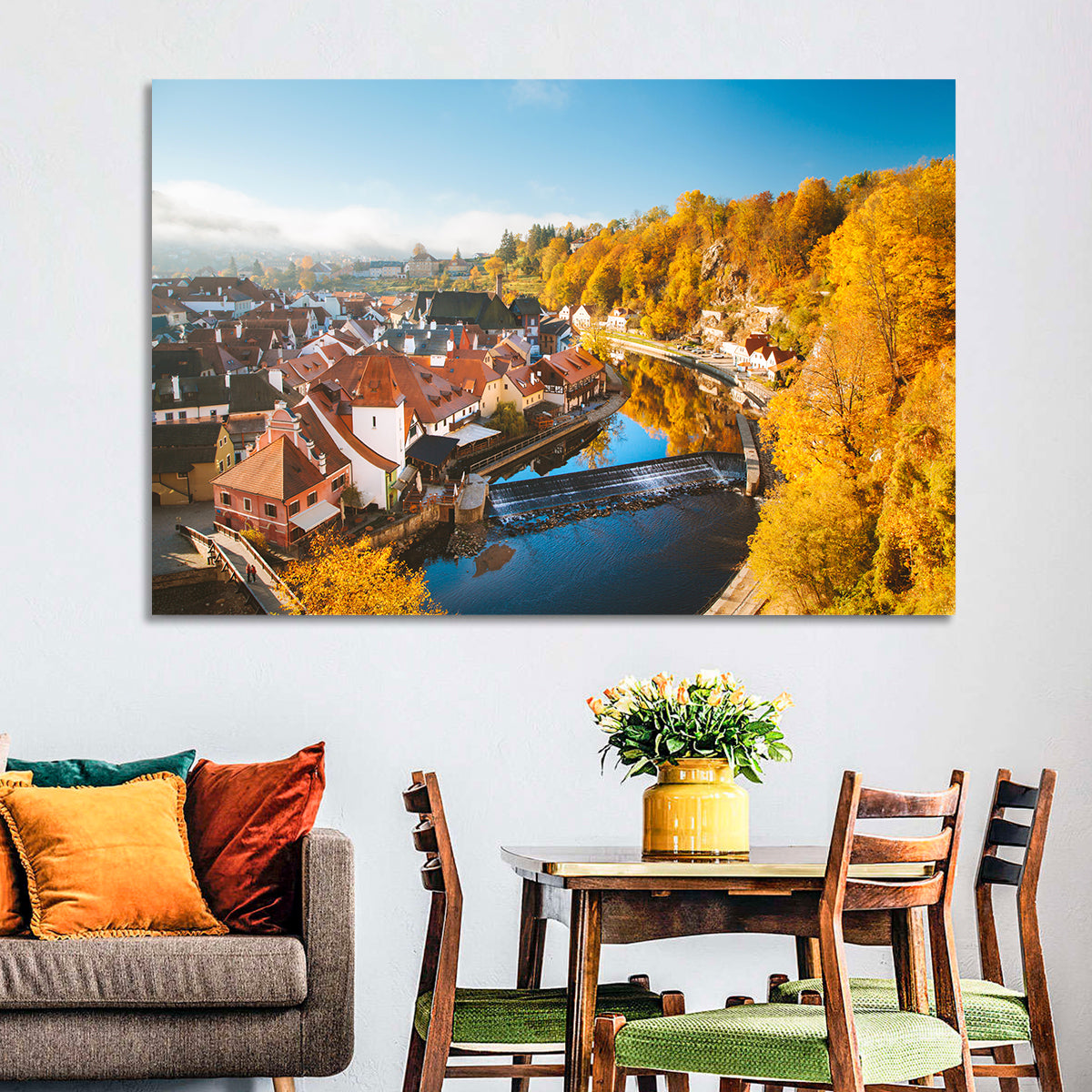 Český Krumlov River Weir in Autumn Wall Art in a room, landscape