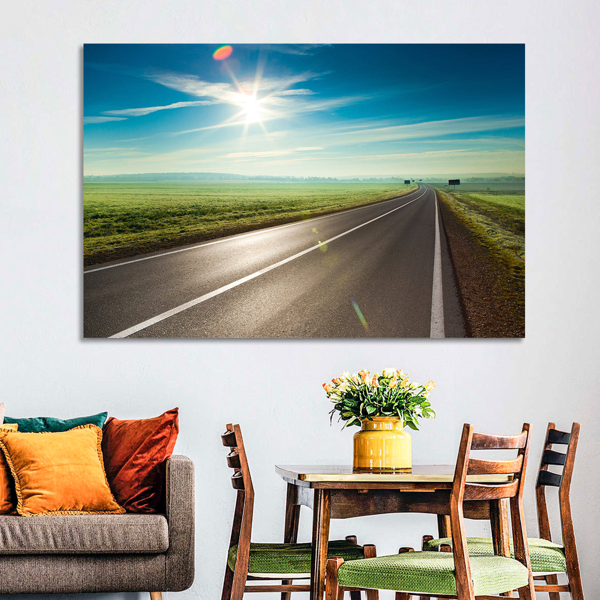 Sunlit Road Through Green Field Wall Art