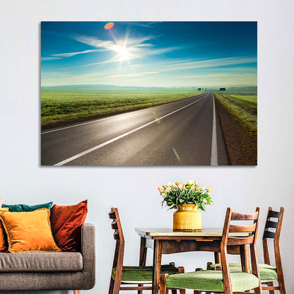 Sunlit Road Through Green Field Wall Art