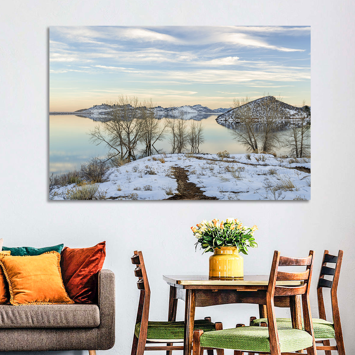Horsetooth Reservoir Frozen Reflection Wall Art in a room, landscape