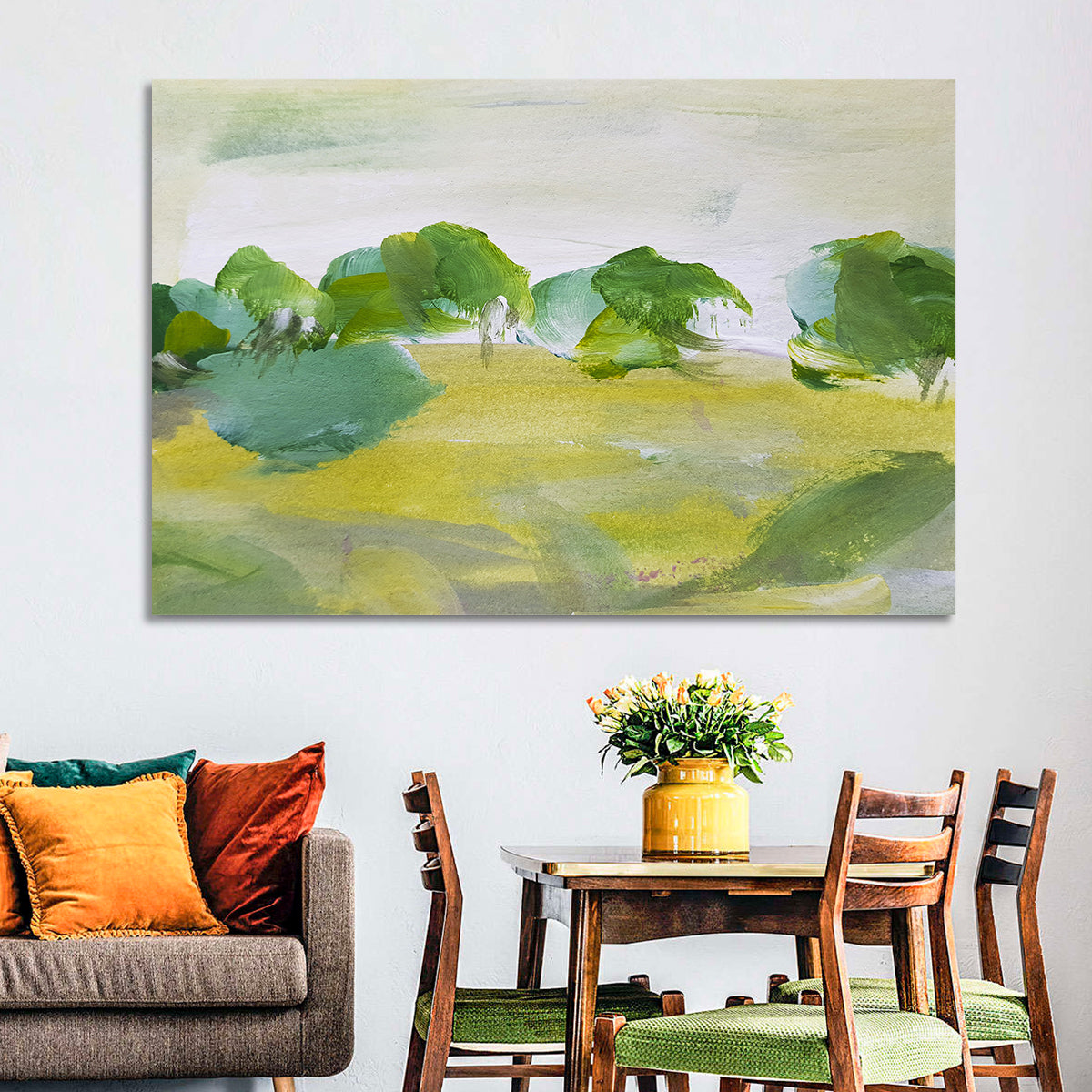 Rural Fields Abstract Wall Art in a room, landscape