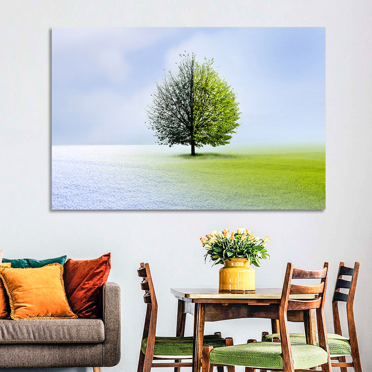 Winter to Spring Tree Wall Art in a room, landscape