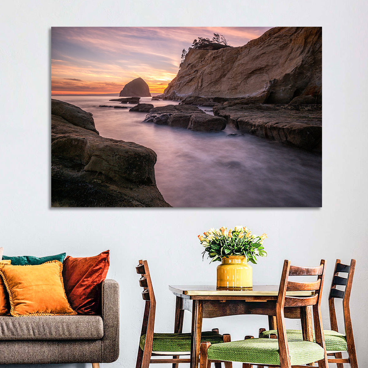 Haystack Rock at Cape Kiwanda Wall Art in a room, landscape