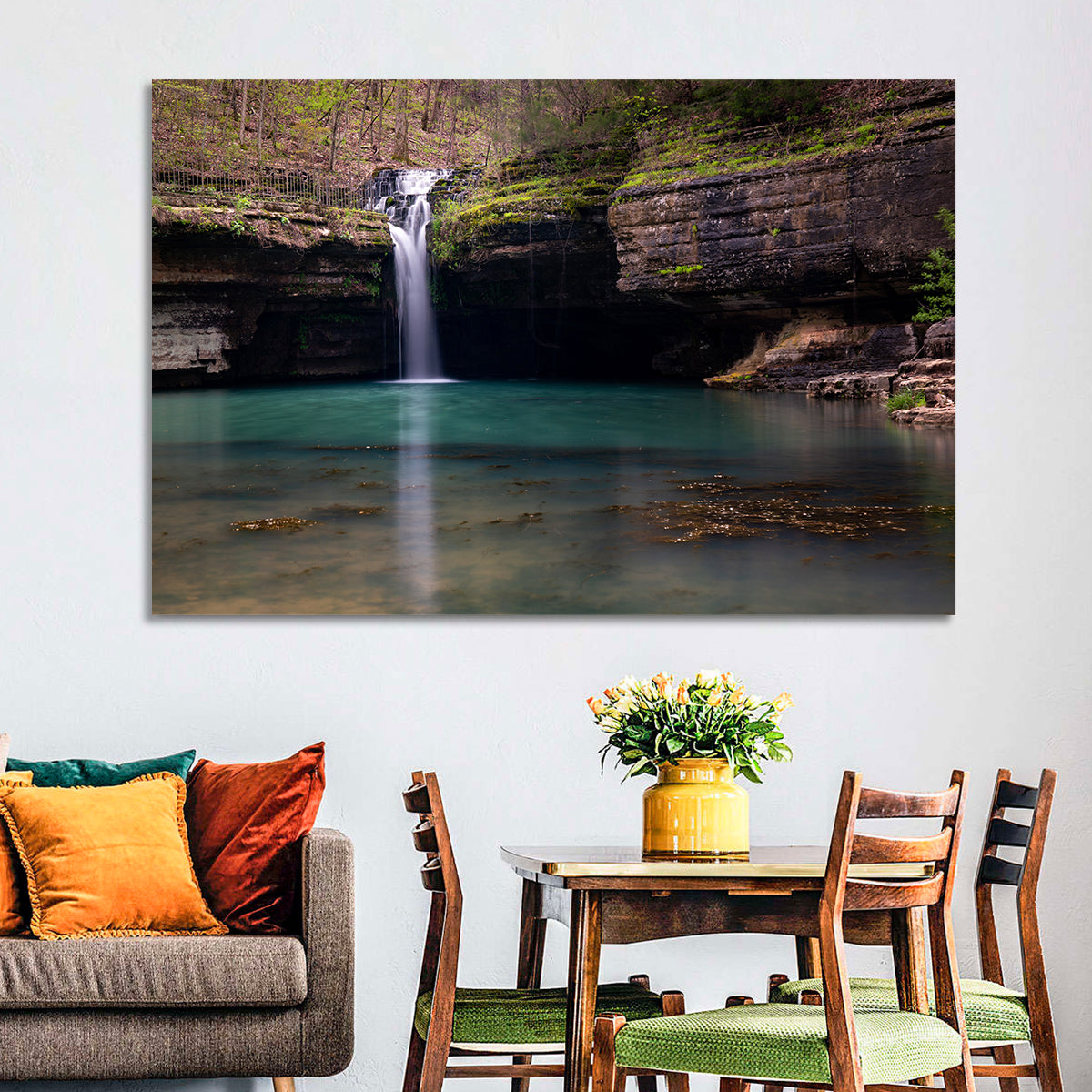 Mossy Cove Waterfall Wall Art in a room, landscape