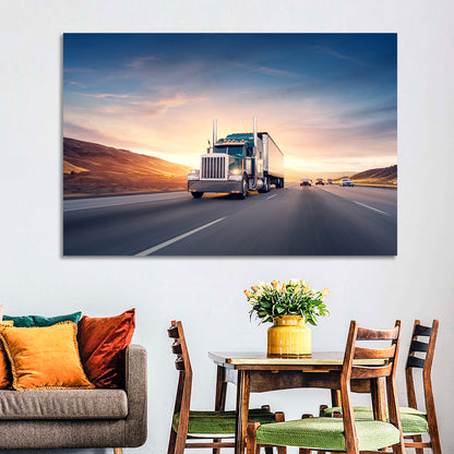 Semi Truck Highway Sunset Wall Art