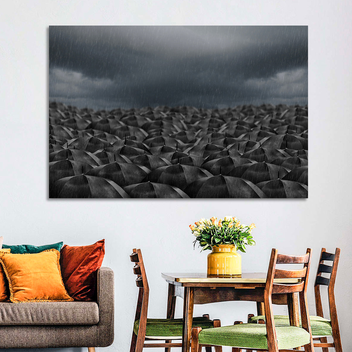 Clustered Umbrellas in Rain Wall Art in a room, landscape