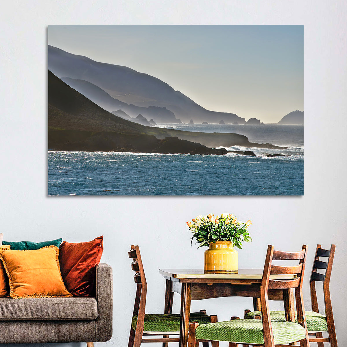 Misty Big Sur Coastline Wall Art in a room, landscape