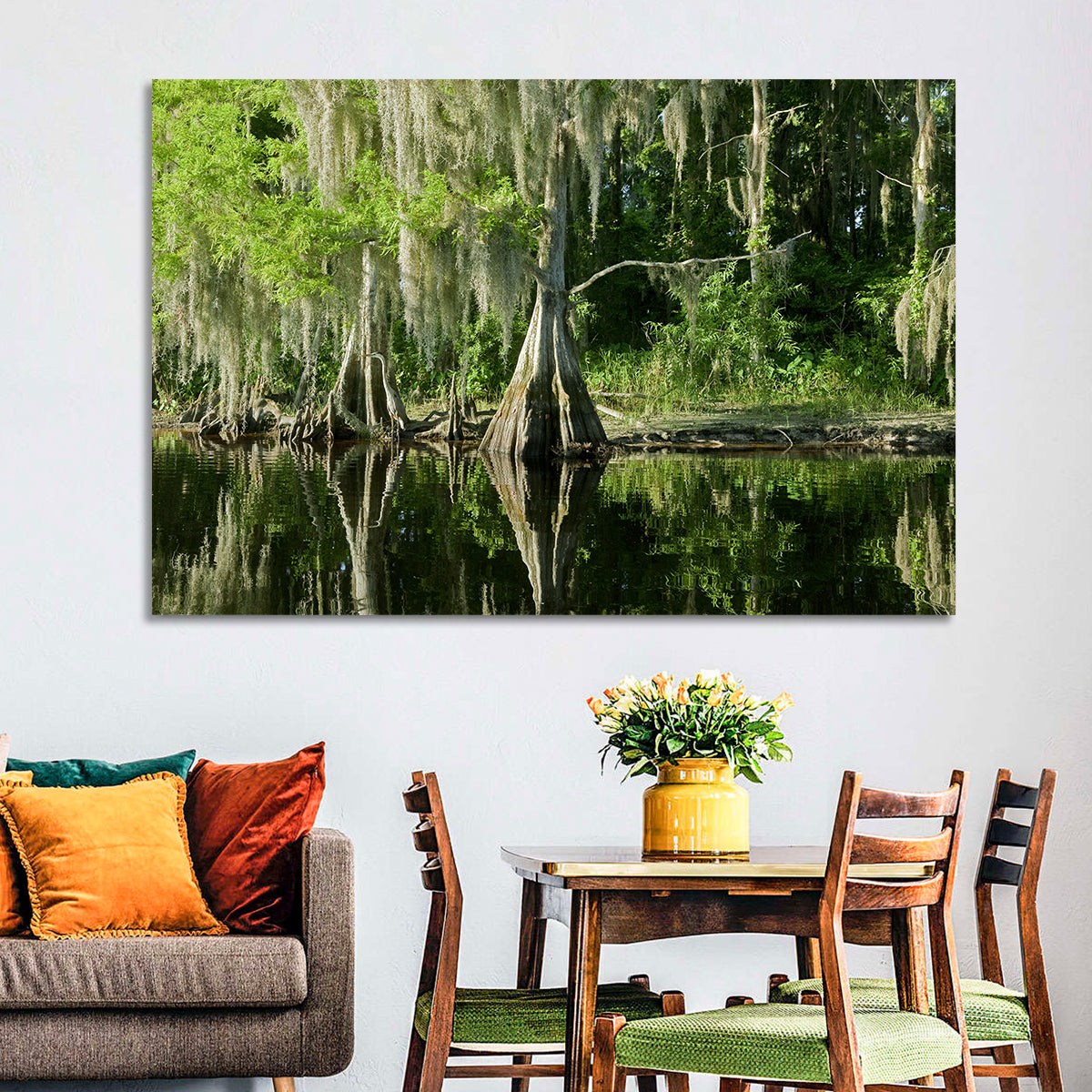 Bald Cypress and Great Blue Heron Wall Art in a room, landscape