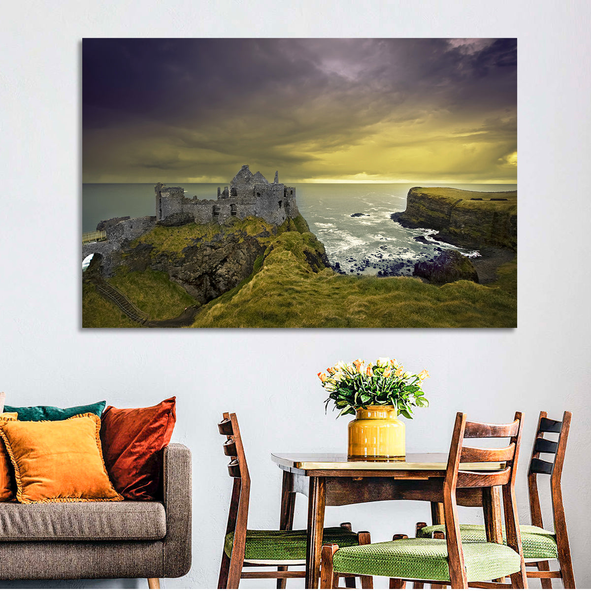 Dunluce Castle Ruins Wall Art in a room, landscape