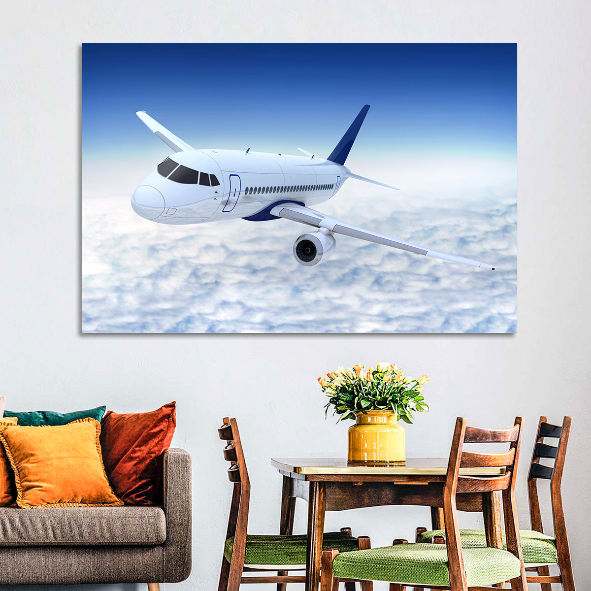 Commercial Jet Above Clouds Wall Art