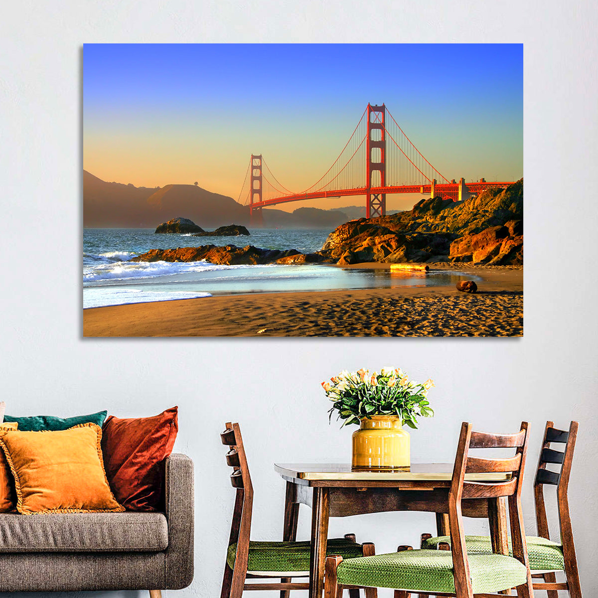 Golden Hour at the Golden Gate Bridge Wall Art in a room, landscape