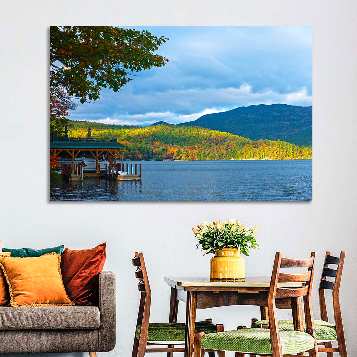 Lake George Boathouse in Autumn Wall Art