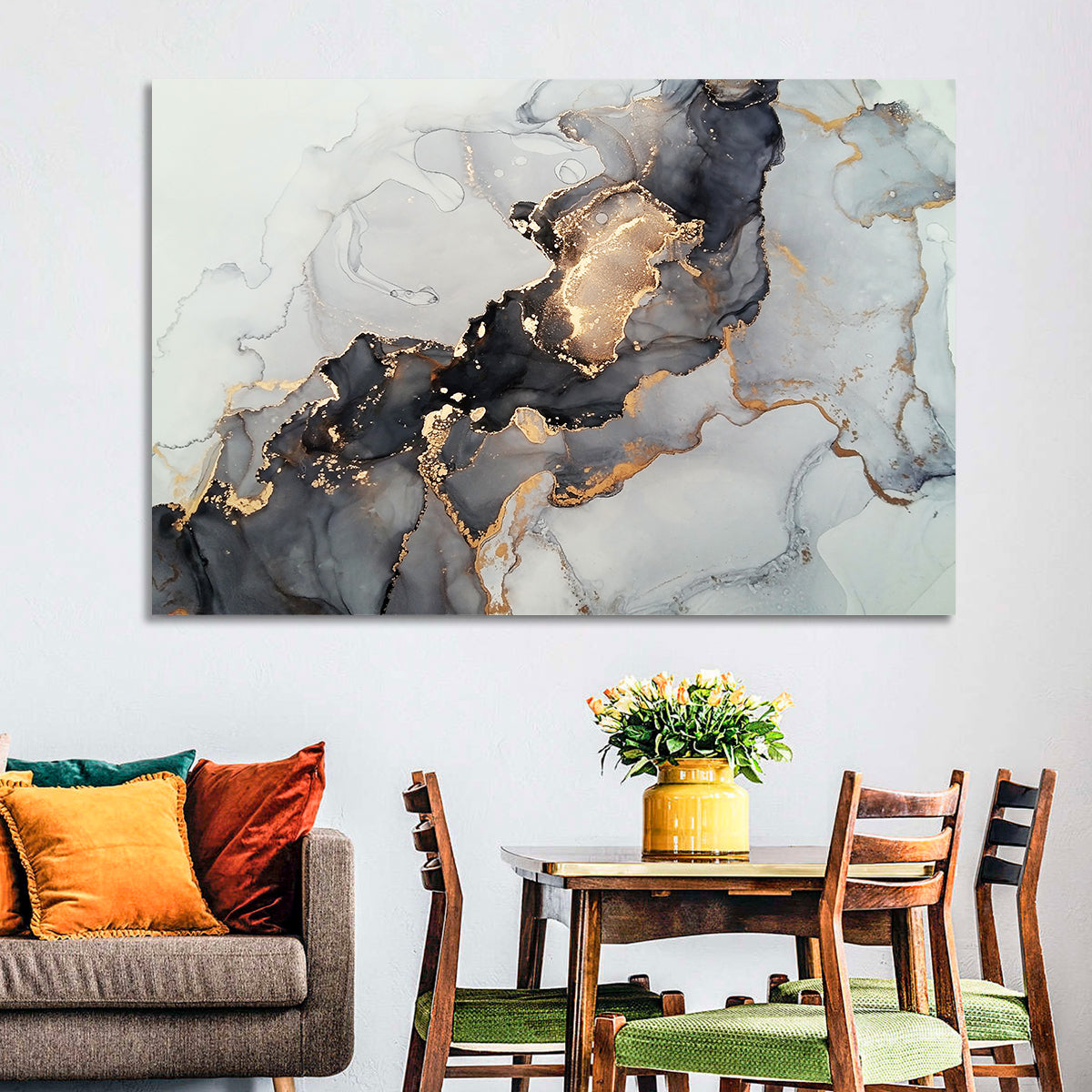 Black Fire Marble Abstract Wall Art in a room, landscape