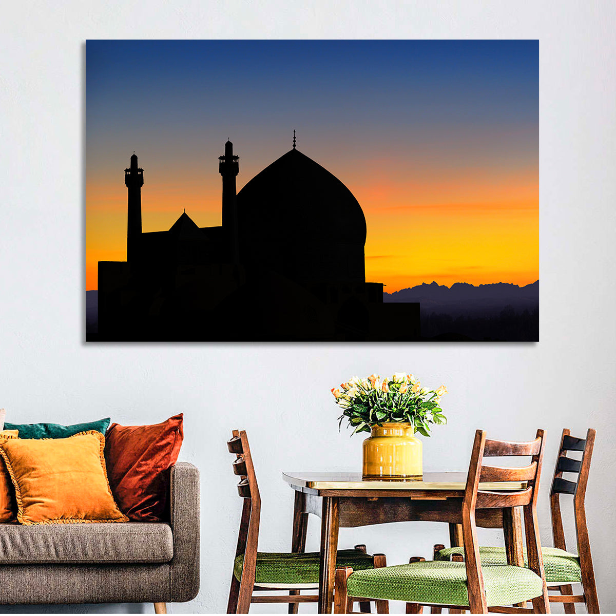 Isfahan Mosque Silhouette at Dusk Wall Art in a room, landscape
