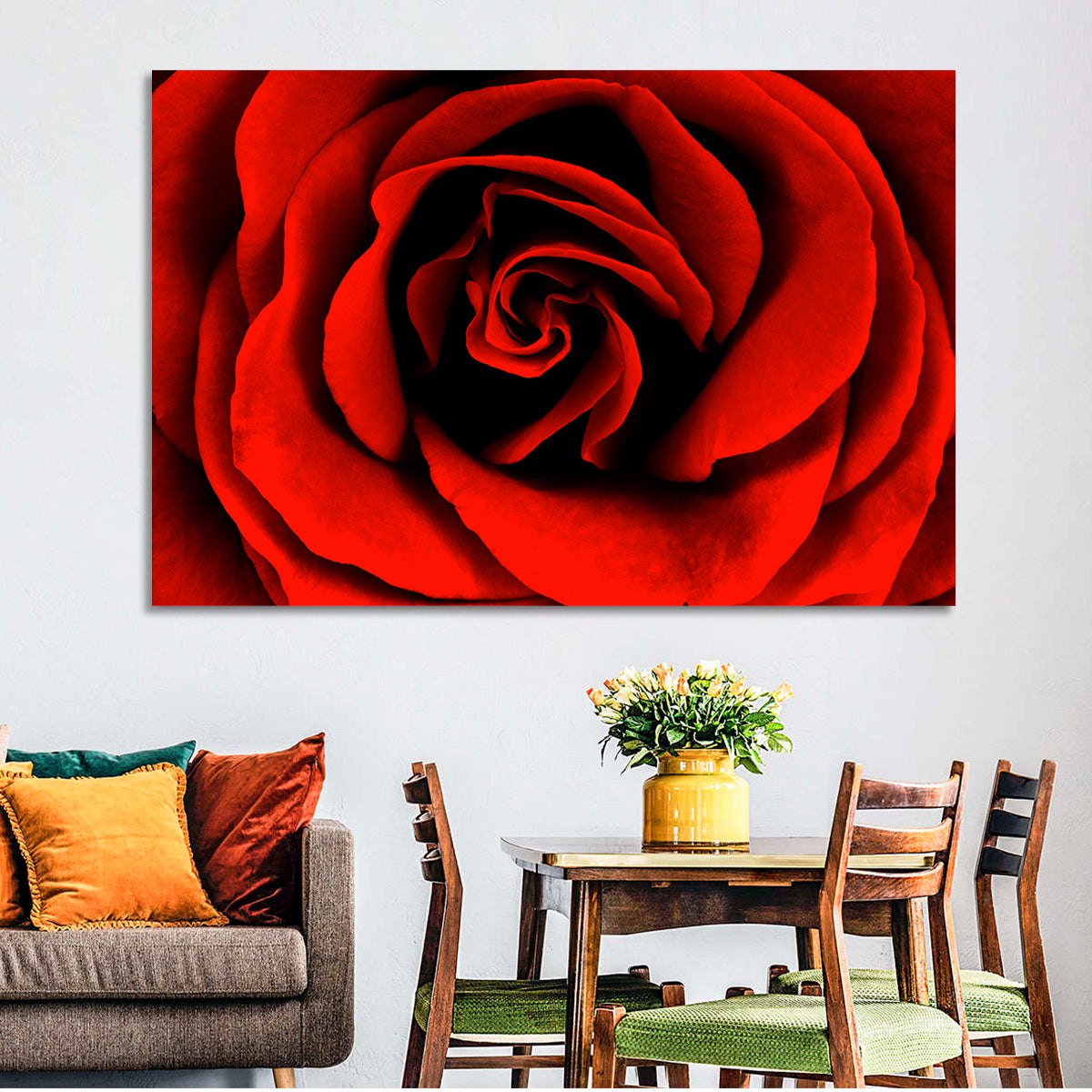 Velvety Red Rose Close-up Wall Art in a room, landscape