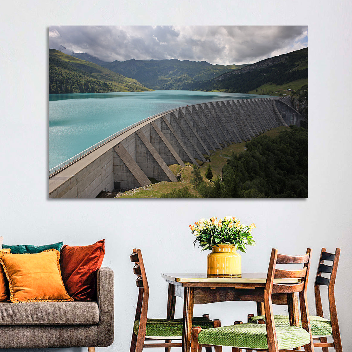 Curved Dam on Turquoise Lake Wall Art