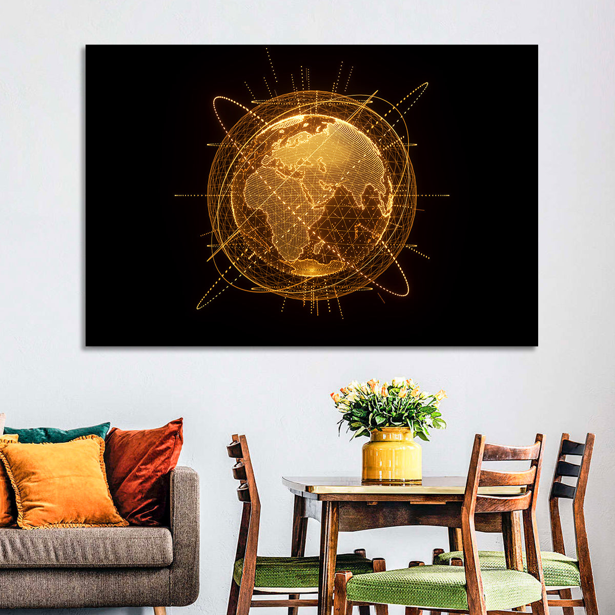 Golden Hologram Globe Wall Art in a room, landscape