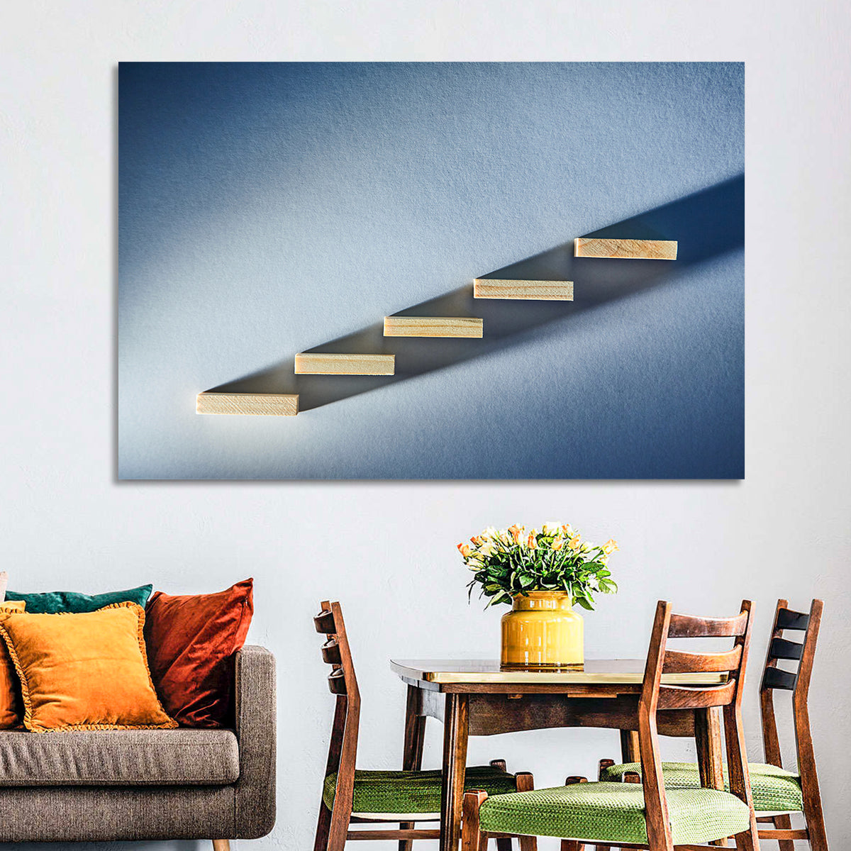 Five Wooden Steps Abstraction Wall Art in a room, landscape