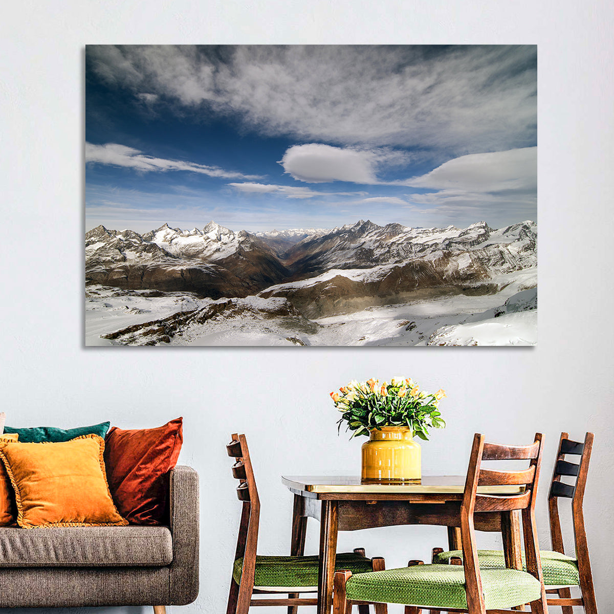 Snow-capped Peaks of Zermatt Wall Art in a room, landscape