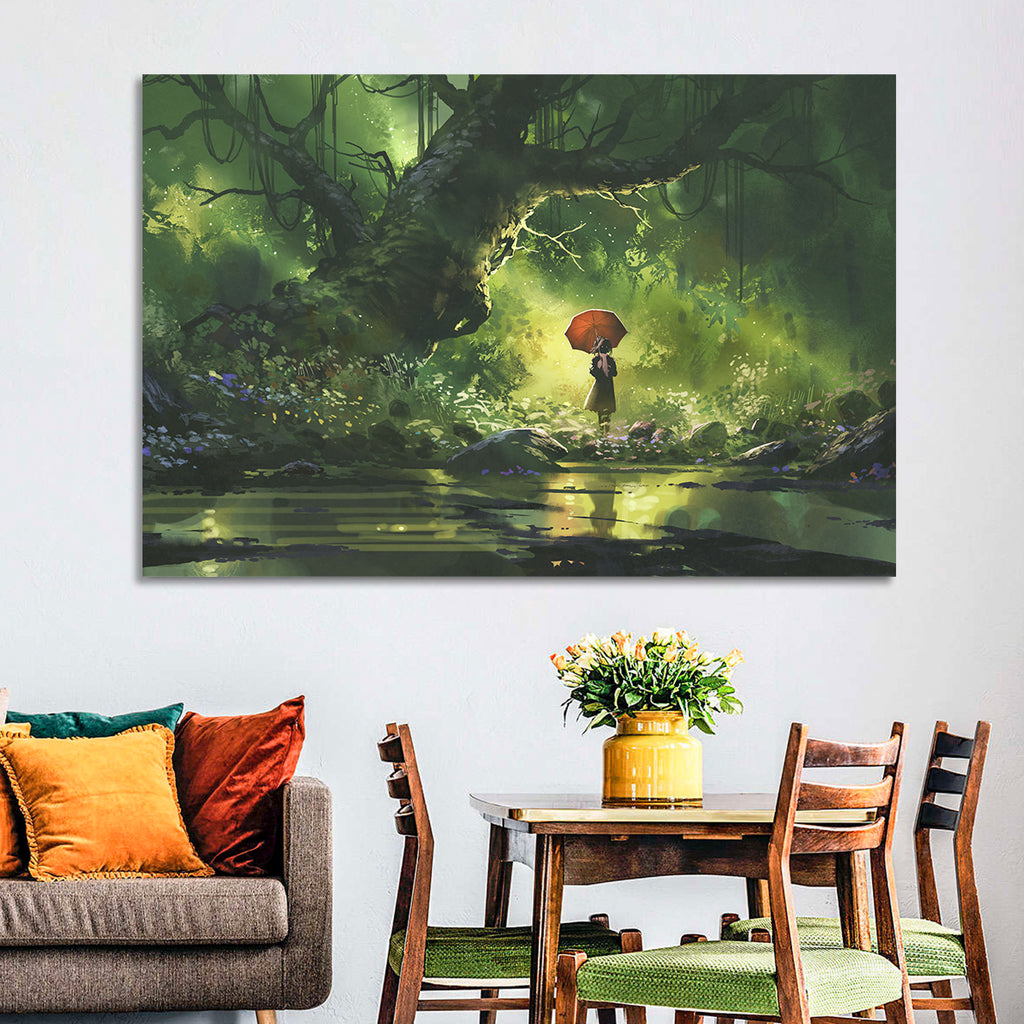 Girl with Umbrella in Mysterious Forest Wall Art