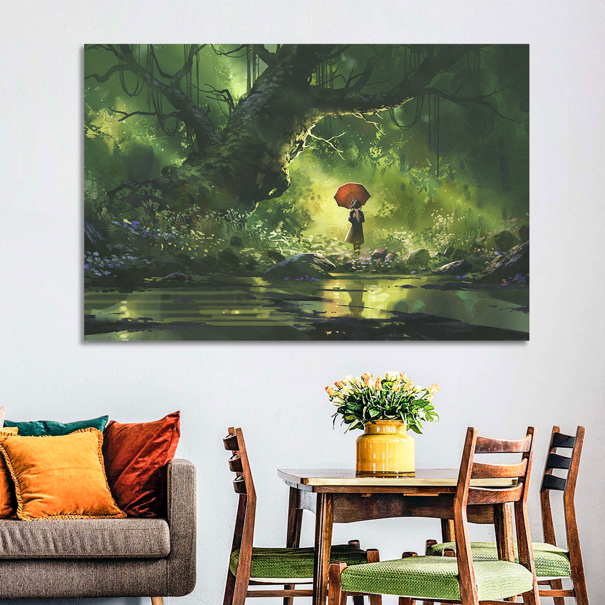Girl with Umbrella in Mysterious Forest Wall Art
