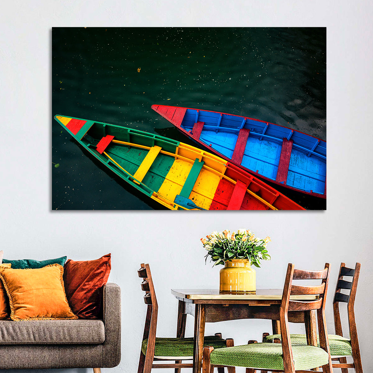 Two Colorful Boats Over Rippling Water Wall Art in a room, landscape