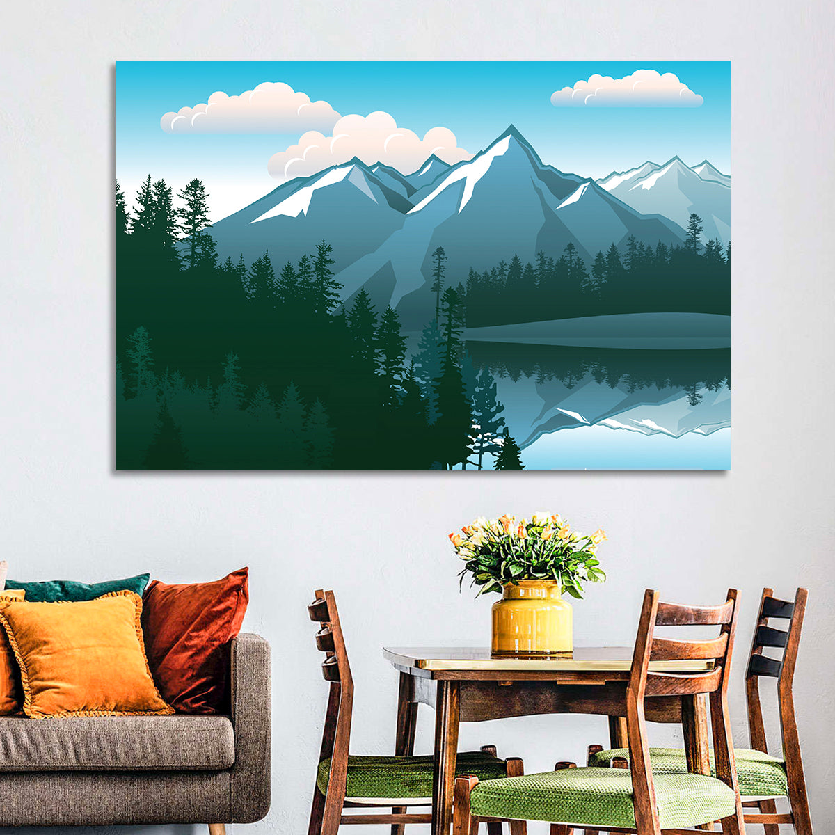 Tranquil Mountain Lake Illustration Wall Art in a room, landscape