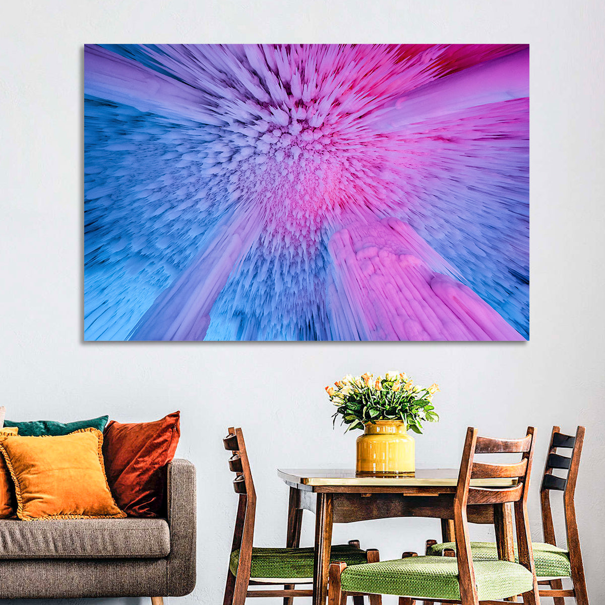 Ethereal Ice Cave Icicles Wall Art in a room, landscape