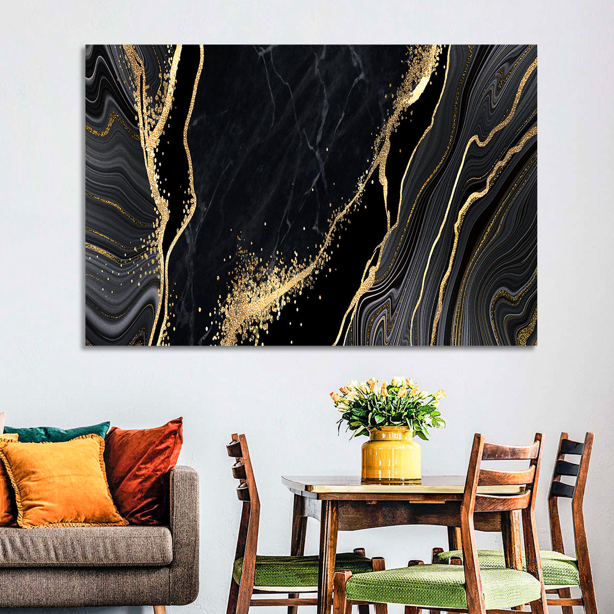 Diagonal Gold Veined Marble Wall Art in a room, landscape