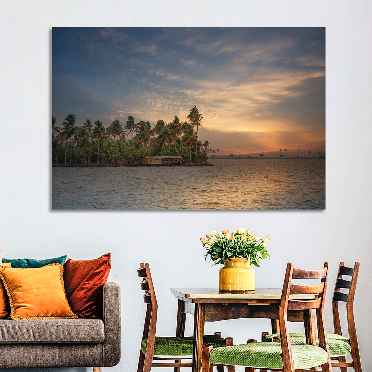 Vembanad Lake Sunset Wall Art in a room, landscape