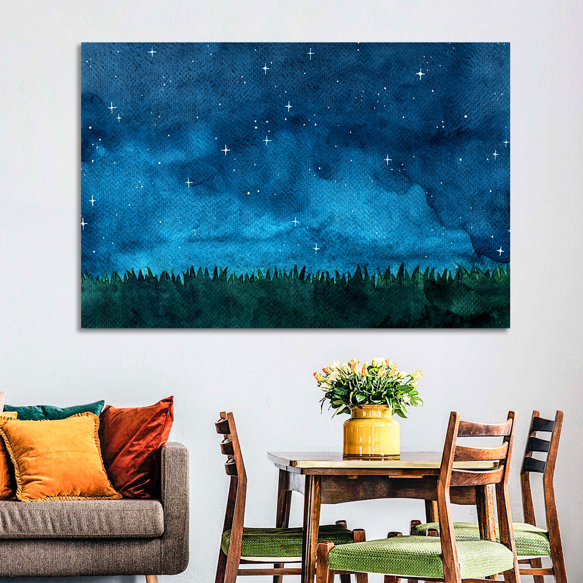 Starry Meadow Nightscape Wall Art in a room, landscape